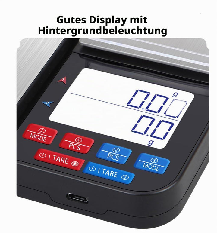 Wiederaufladbare Küchenwaage mit zwei Gewichtsplattformen 12 Wägeeinheiten Display mit klarer Hinter