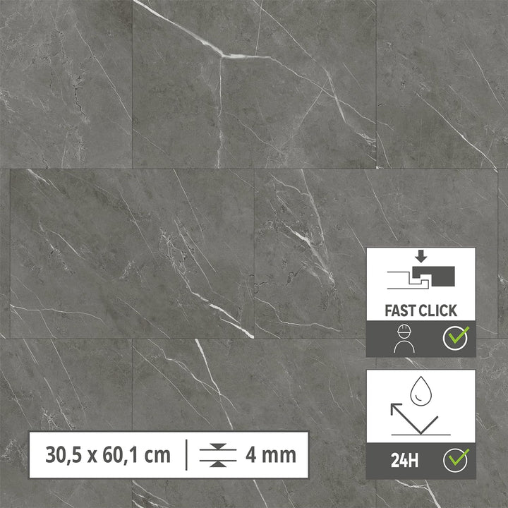 ARTENS - PVC Bodenbelag - Click Vinyl-Fliesen Albury - Vinylboden - FORTE - Marmoreffekt - Dunkelgra