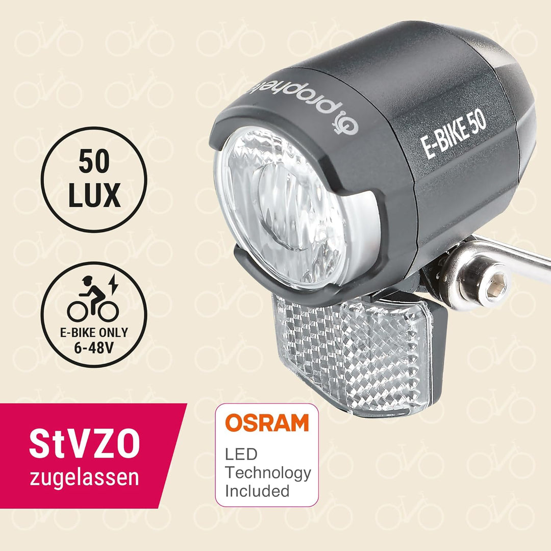 Prophete Fahrrad LED-Scheinwerfer – 50 Lux, für E-Bikes (6-48V), mit beleuchtetem Logo, seitlicher S