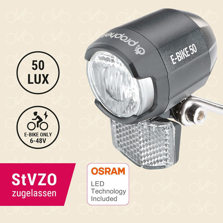 Prophete Fahrrad LED-Scheinwerfer – 50 Lux, für E-Bikes (6-48V), mit beleuchtetem Logo, seitlicher S
