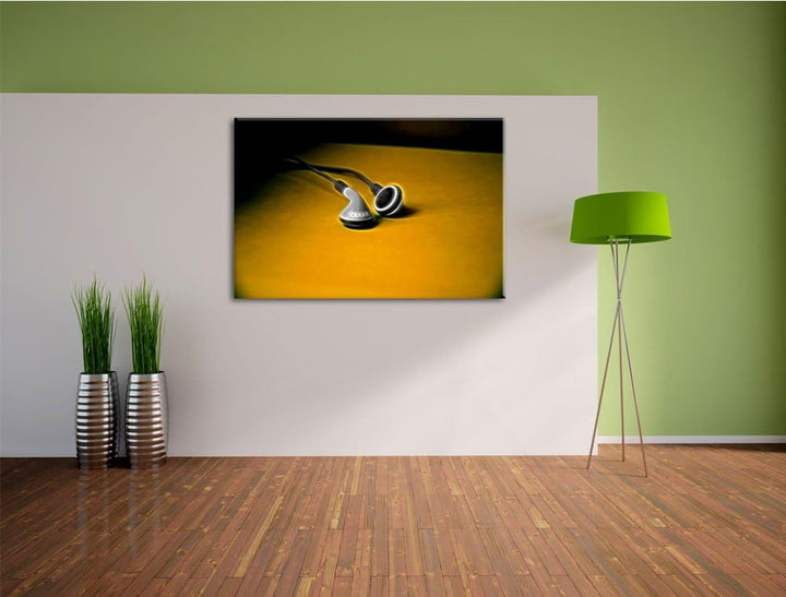 Dark klassische kleine Kopfhörer schwarz/weiss Deluxe Format: 100x70 cm auf Leinwand, XXL riesige Bi