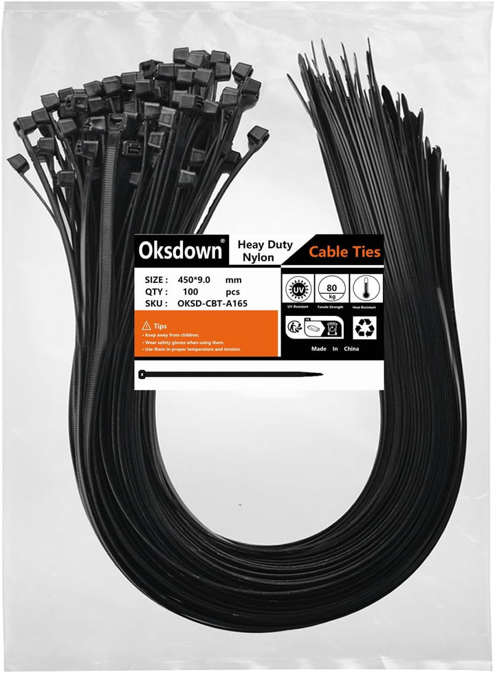 Oksdown 450mm × 9,0mm Breit 100 Stück Extra Stark Kabelbinder mit 80 kg Zugfestigkeit Schwarz UV-Bes