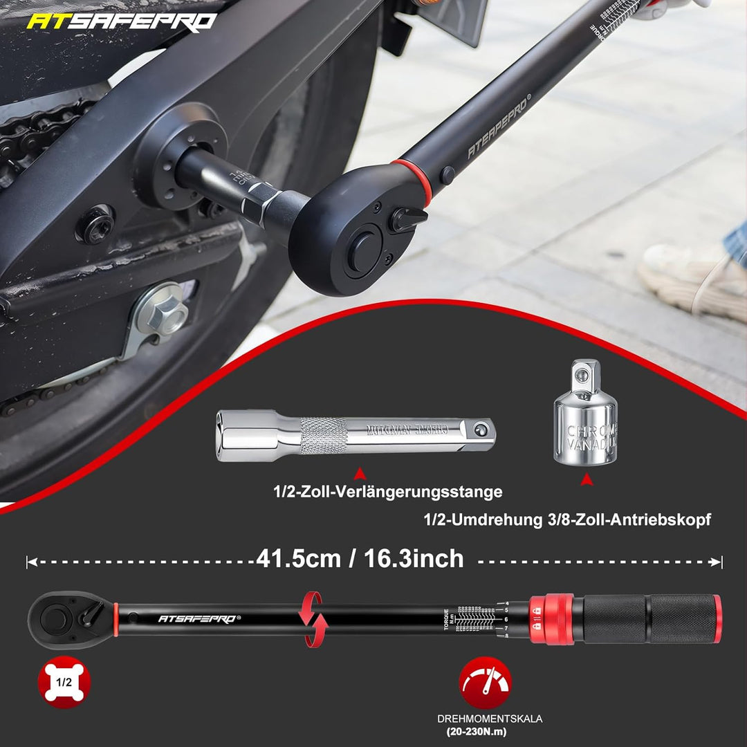 ATsafepro Drehmomentschlüssel 1/2 Zoll, Drehmomentschlüssel Auto 20-230 Nm mit 3/8 Zoll Adapter, hoh