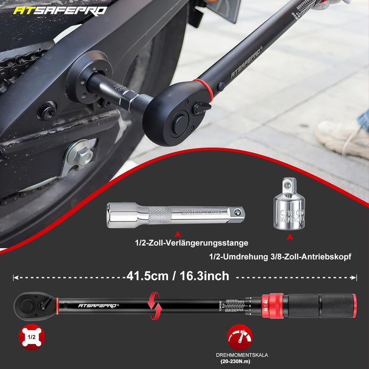 ATsafepro Drehmomentschlüssel 1/2 Zoll, Drehmomentschlüssel Auto 20-230 Nm mit 3/8 Zoll Adapter, hoh