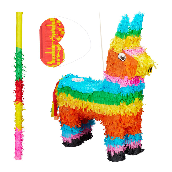 3 TLG. Pinata Set Lama, Pinatastab mit Augenmaske, Piniata für Kinder, Stock & Augenbinde, Esel Piña