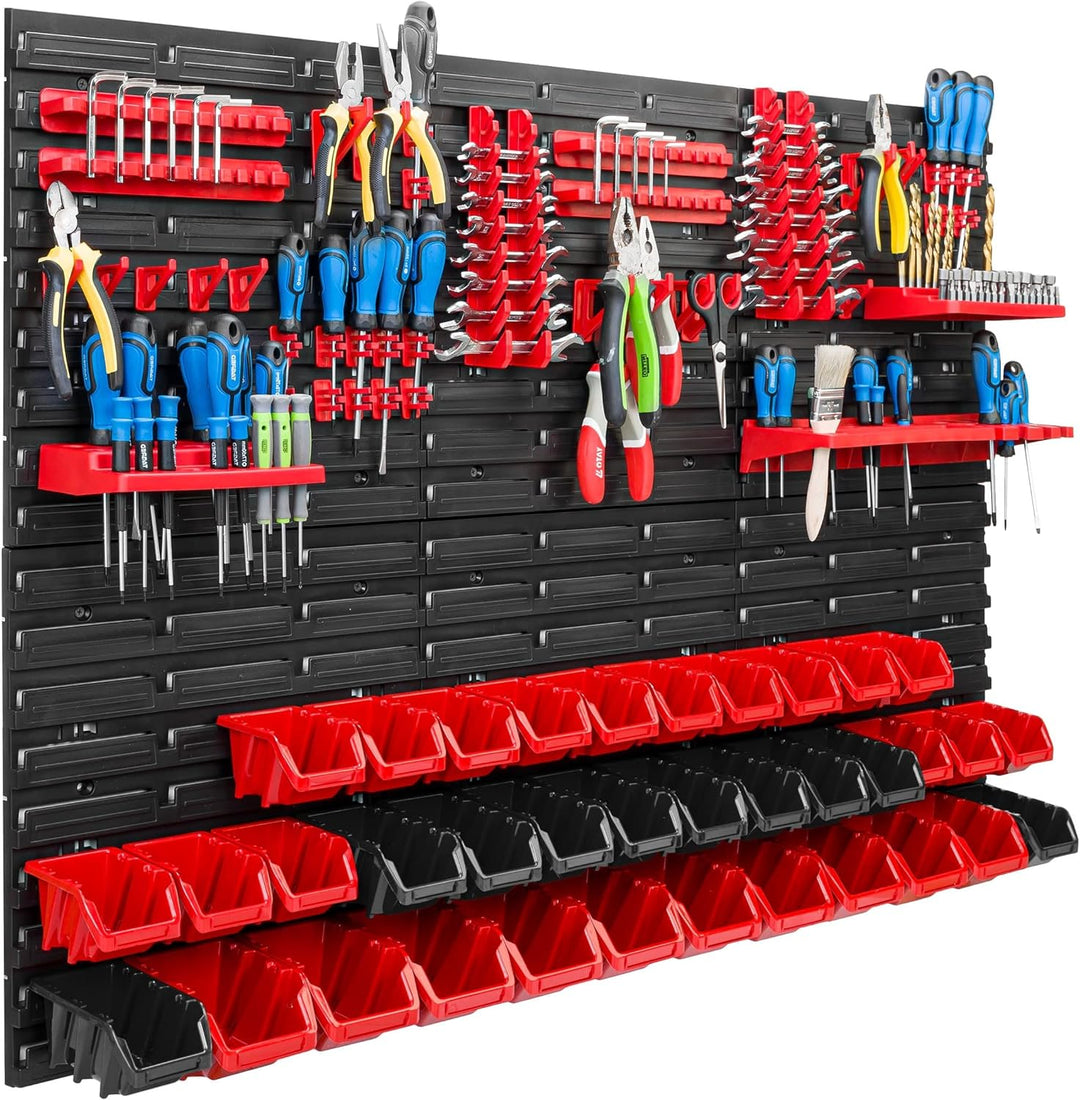 Lagersystem Werkstattregal | 117 x 78 cm | 34 stck. Box | Wandregal mit Werkzeughalterungen und Stap