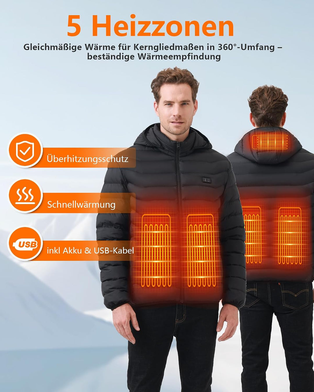 Beheizbare Jacke - Heizjacke mit Akku 10000mAh - Warme Heizjacke für Herren Damen 5 Heizzonen, 3 Tem