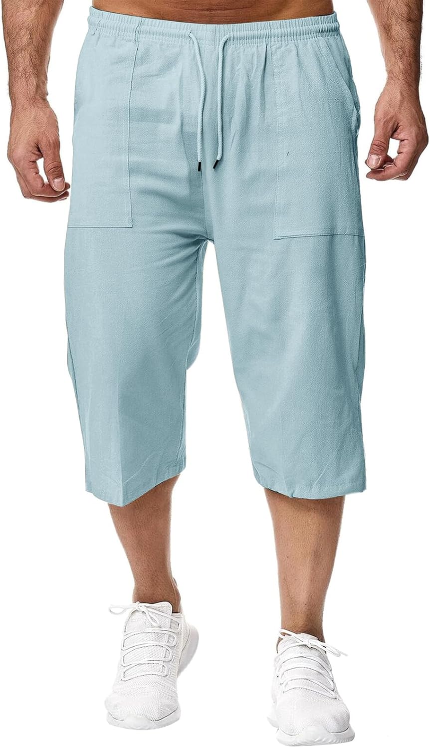 Herren Leinen-Shorts 3/4 Länge Hosen Sommerhose Strand Yoga Jogger Casual Sweatpants Hellblau S, Hel
