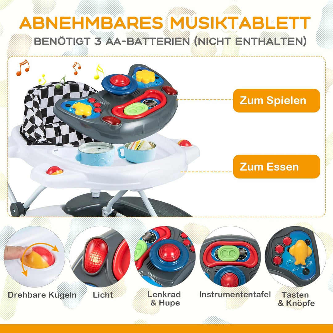 DREAMADE 6-in-1 Lauflernhilfe, Höhenverstellbar Baby Walker mit Musik & Abnehmbarem Sitz, Lauflernwa