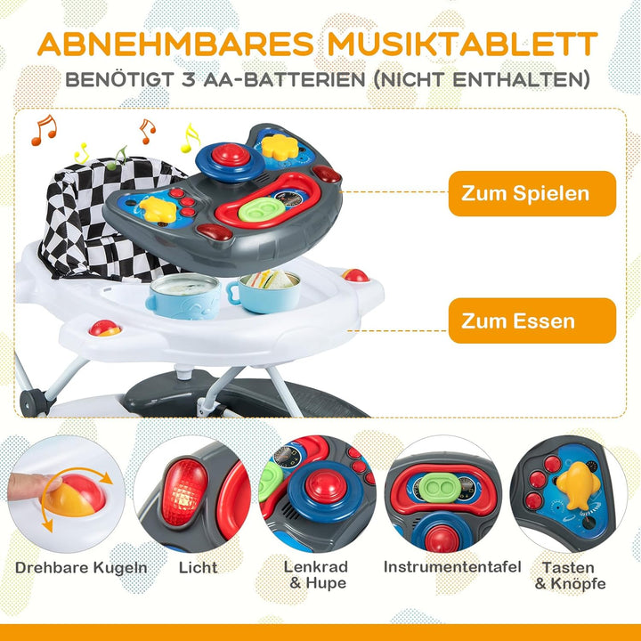 DREAMADE 6-in-1 Lauflernhilfe, Höhenverstellbar Baby Walker mit Musik & Abnehmbarem Sitz, Lauflernwa