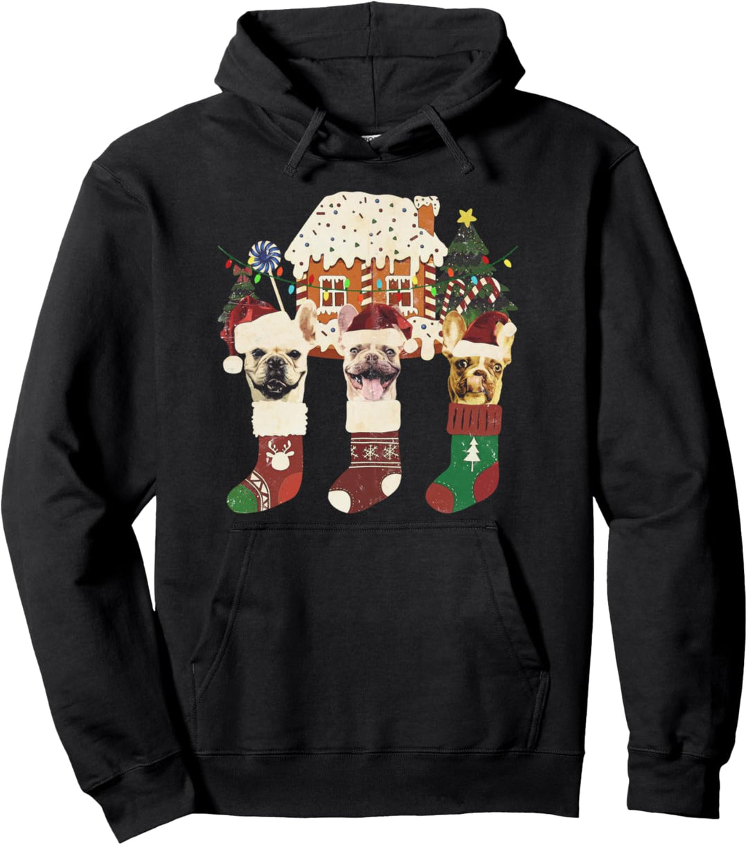 Lustige Weihnachts-Vintage-Französische Bulldogge, Elfen in Weihnachtsmann-Socken Pullover Hoodie