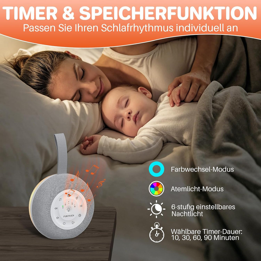 FUNYKICH White Noise Machine Baby, Weisses Rauschen Gerät mit Wireless Lautsprecher, 30 Klänge, 7 Bu