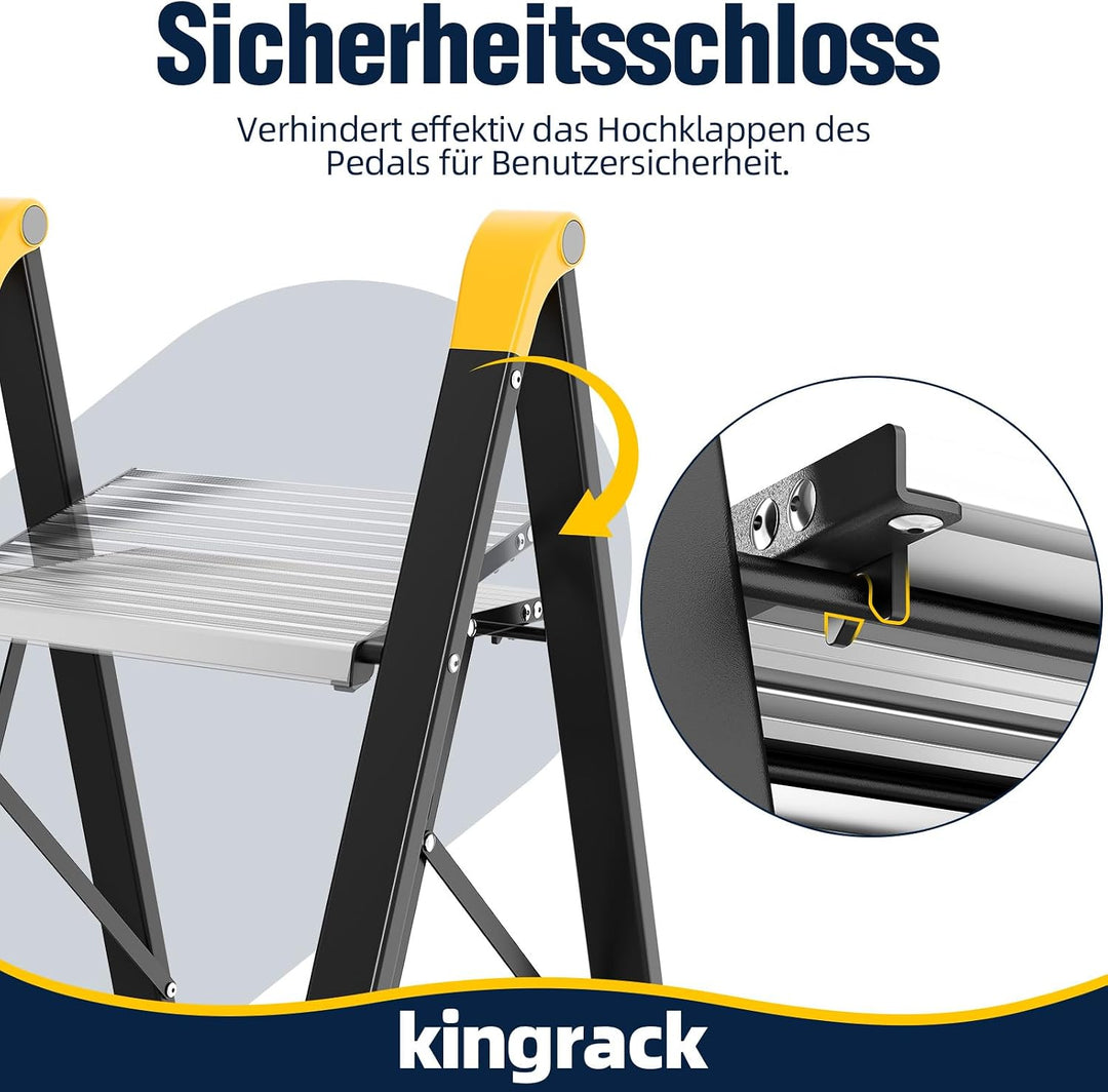 KINGRACK Trittleiter 2 Stufen Klappbar, Tritthocker aus Aluminium &amp; Stahl | Klapptritt mit Breite ru