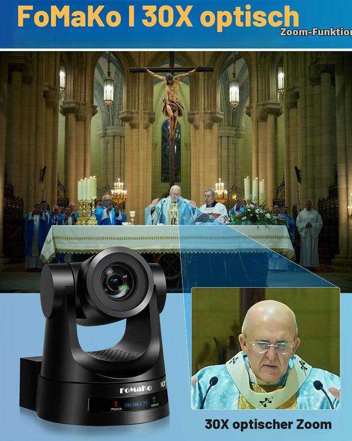 FoMaKo NDI PTZ Kamera Set KI-Auto-Tracking 30x Zoom 1080@60 mit 3G-SDI/HDMI/IP PoE, für YouTube OBS