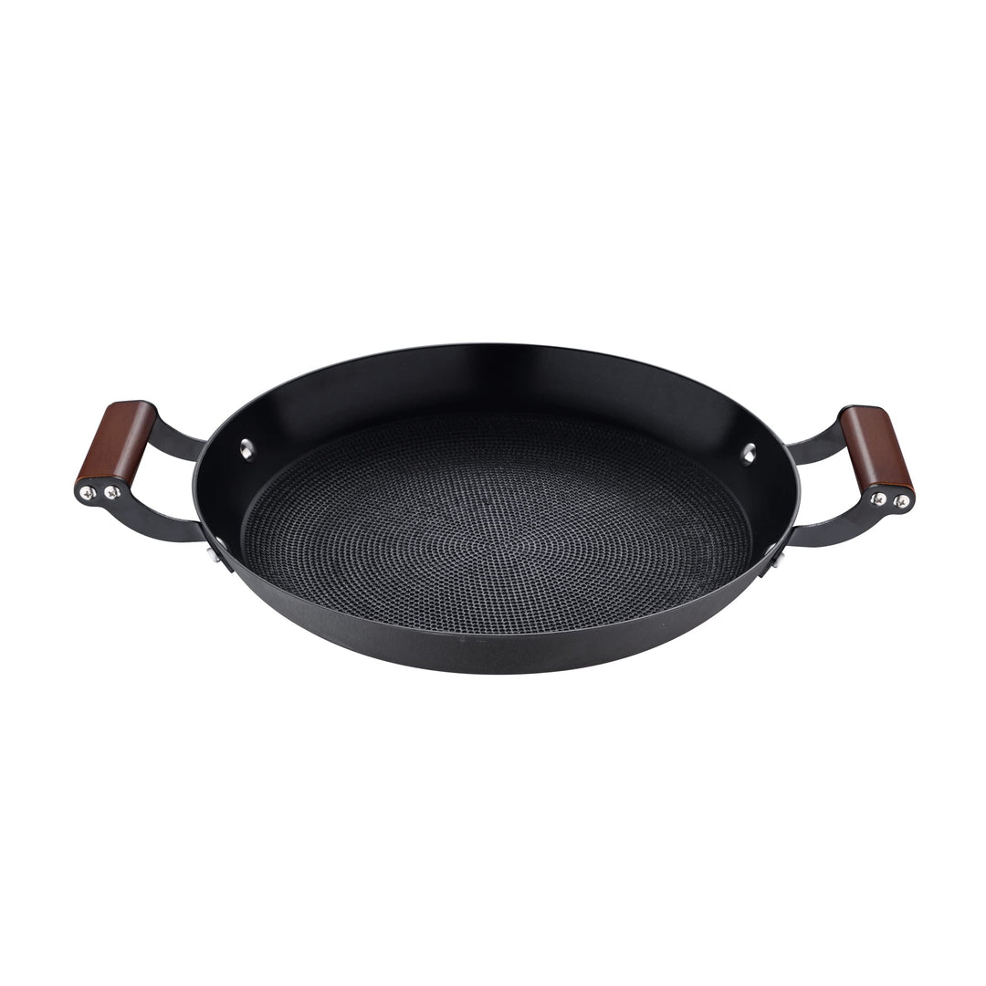 MasterPRO Odín | Grillpfanne | Rundes Design 28 cm | Aus Gepresstem Eisen | Ergonomischer Akazienhol