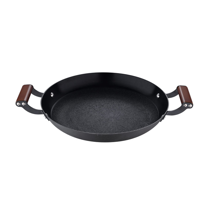 MasterPRO Odín | Grillpfanne | Rundes Design 28 cm | Aus Gepresstem Eisen | Ergonomischer Akazienhol
