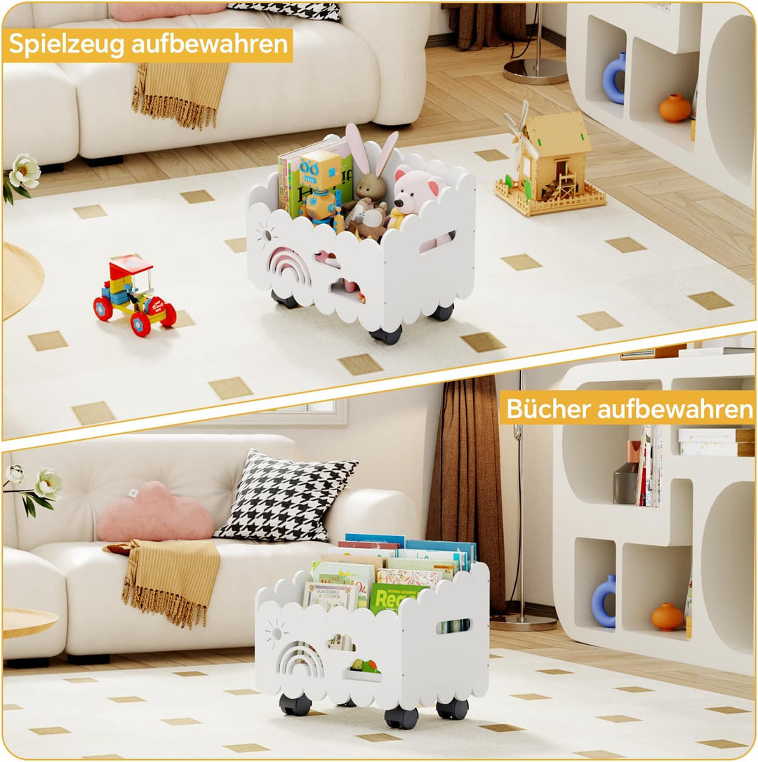 Kinder Bücherregal Holz mit Rollen, Montessori Bücherregal Kinder, Bücherkiste für Leseecke, Babyzim