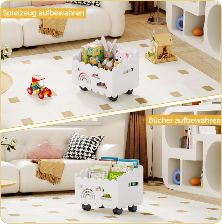 Kinder Bücherregal Holz mit Rollen, Montessori Bücherregal Kinder, Bücherkiste für Leseecke, Babyzim