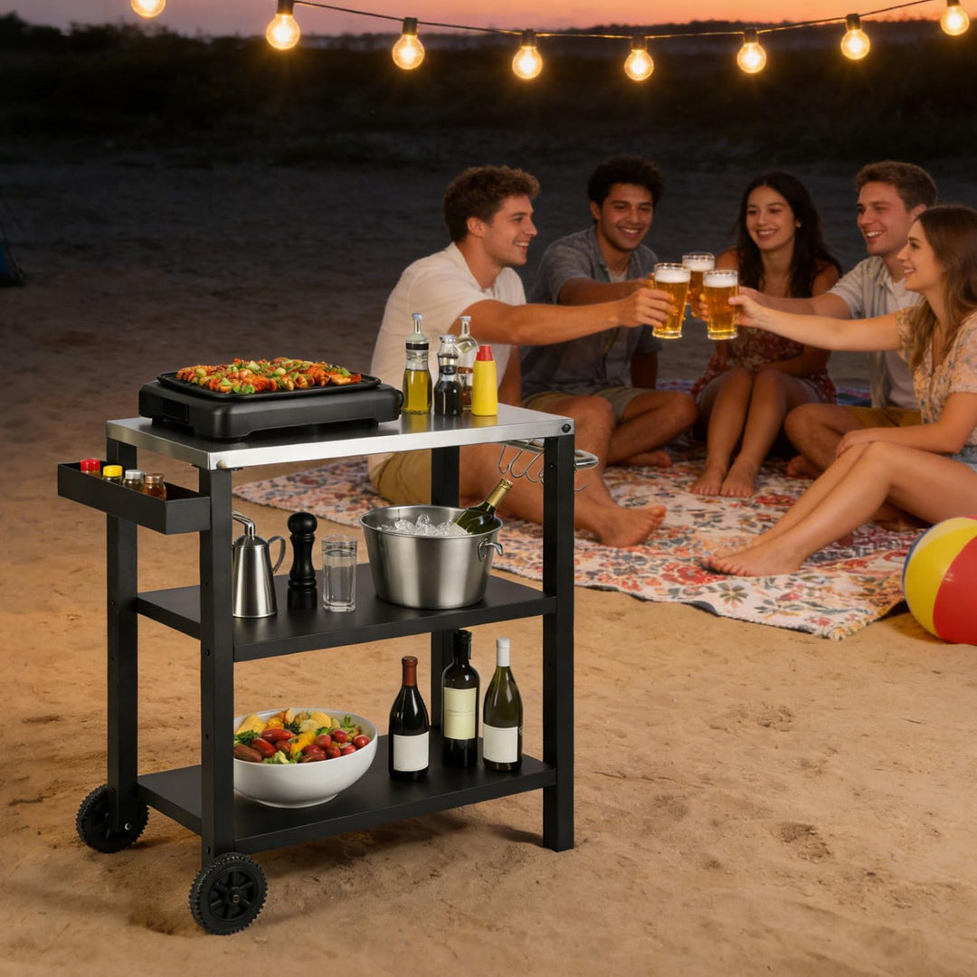 Grillwagen Höhenverstellbar Outdoor, Grilltisch mit Griff & Gewürzregal, 3 Ablagen, 6 Haken, Servier