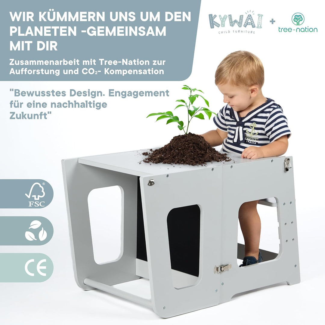 Montessori Lernturm ab 1 Jahr Klappbar Gross– 2-in-1 Premium Learning Tower & Tisch – Lernturm klapp