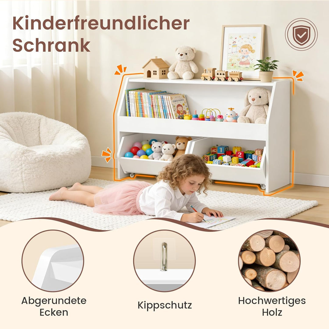 Kinderregal mit Boxen auf Rollen, Spielzeug Aufbewahrung, Kinderschrank Holz, Spielzeugregal Möbel f