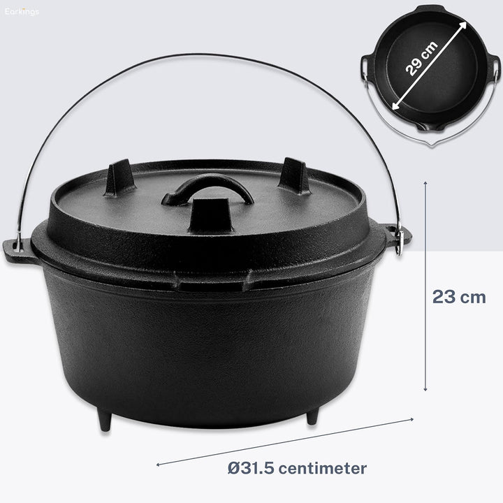 Dutch Oven Kochtopf - Gusseisen Topf Ø29 - Gusseisen Topf mit Deckel 9 Liter Grillpfanne - Bratpfann