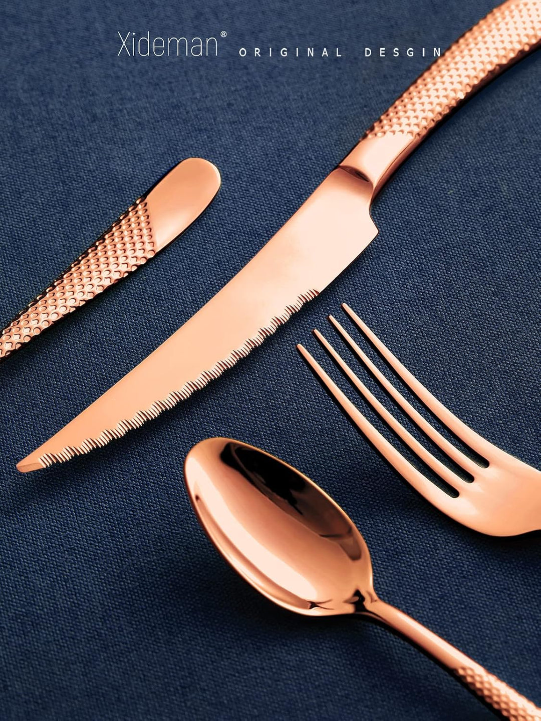 Besteck Set 6 Personen modernes gehämmertes, mit ultrascharfem 2-IN-1 gezacktem Messer, Besteckset 1