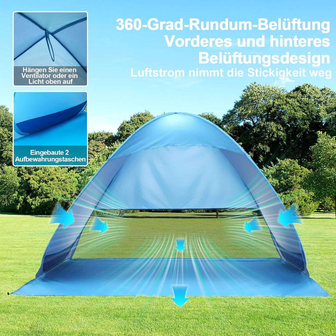 COVACURE Strandmuschel Pop Up XXL Strandzelt für 3–4 Personen, mit UV-Schutz UPF 50+ Ideal für Stran