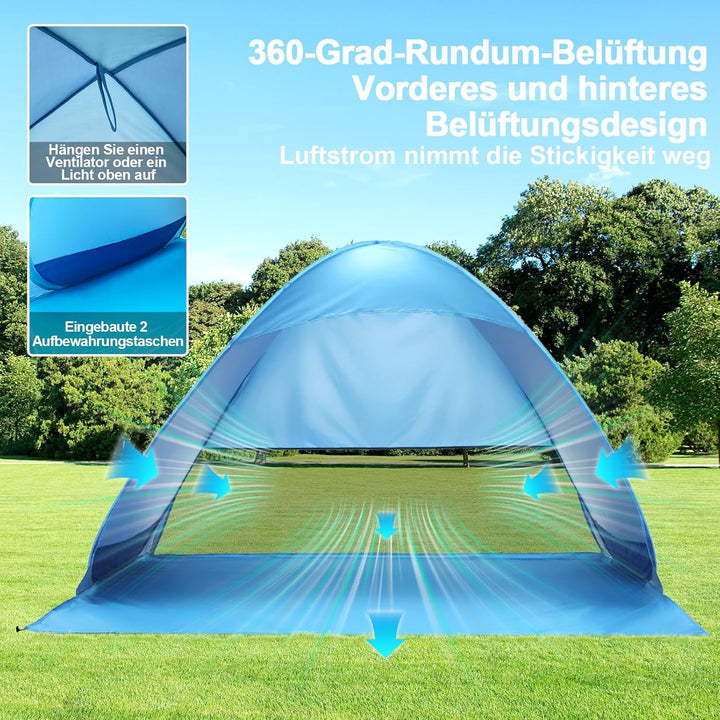 COVACURE Strandmuschel Pop Up XXL Strandzelt für 3–4 Personen, mit UV-Schutz UPF 50+ Ideal für Stran