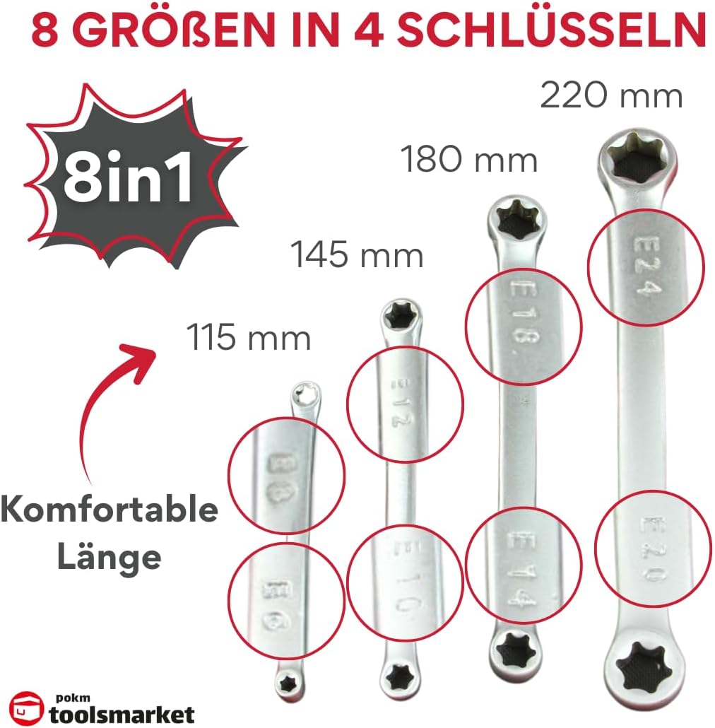 Aussen Torx Ringschlüssel Set E6–E24 CrV Stahl | E-Torx 4 Doppelringschlüssel in 8 Grössen | Präzise