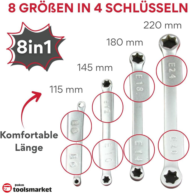Aussen Torx Ringschlüssel Set E6–E24 CrV Stahl | E-Torx 4 Doppelringschlüssel in 8 Grössen | Präzise