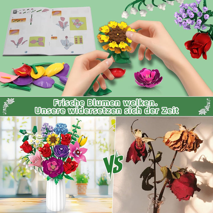 kiothdre Botanicals Blumenstrauss - Blumen Bauset für Erwachsene, Flowers Kollektion Bauklötze Pflan