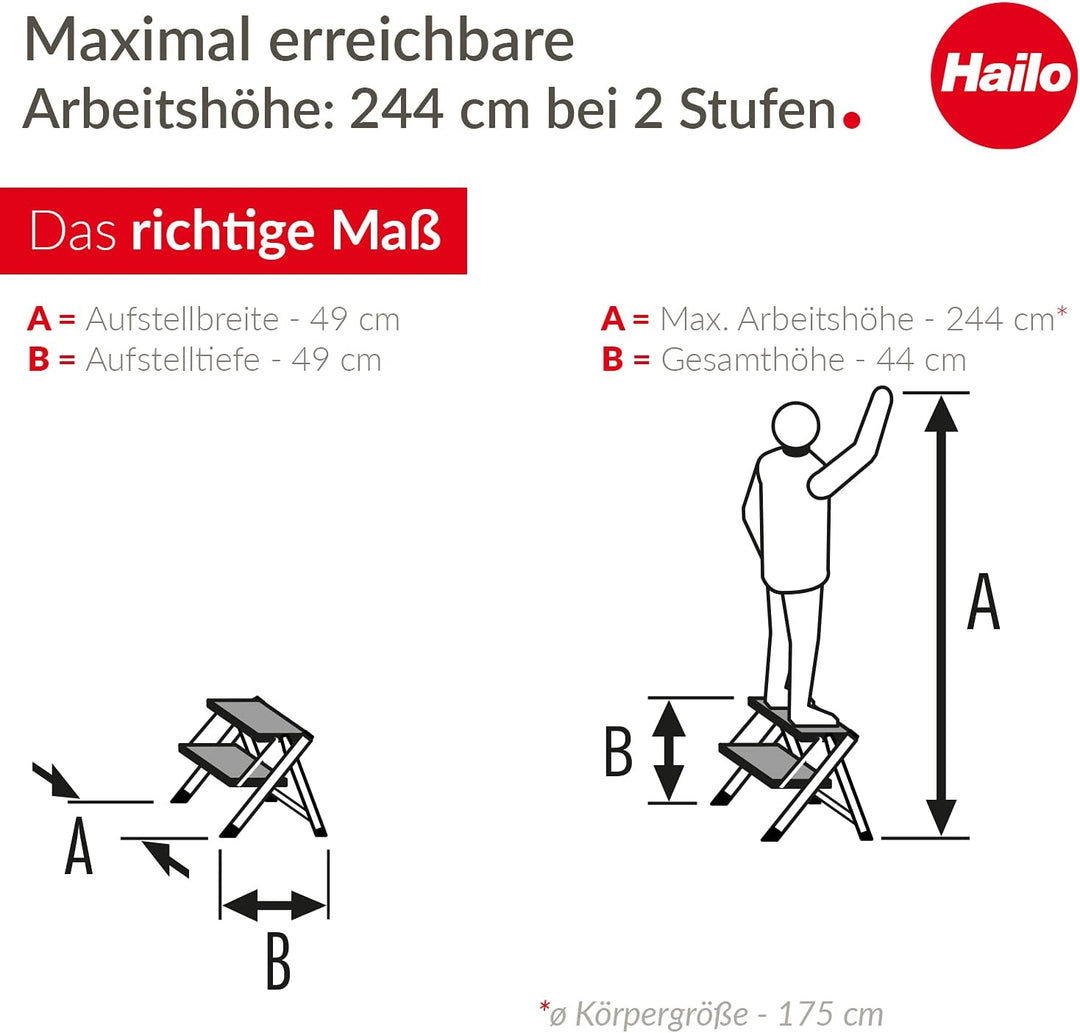 Hailo MK60 Mini Stahl-Trittleiter - 2 grosse Stufen mit Anti-Rutsch-Matten bis 150kg - Klappsicherun
