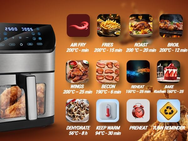 LEHMANN Heissluftfritteuse 6L mit Sichtfenster, 1500 W, Air Fryer mit 12 Programmen, Temperaturkontr