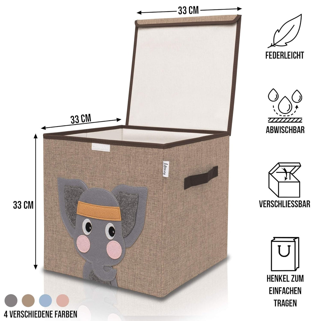 Aufbewahrungsbox mit Deckel und Elefant I Spielzeugbox mit Tiermotiv passend für Würfelregale I Ordn