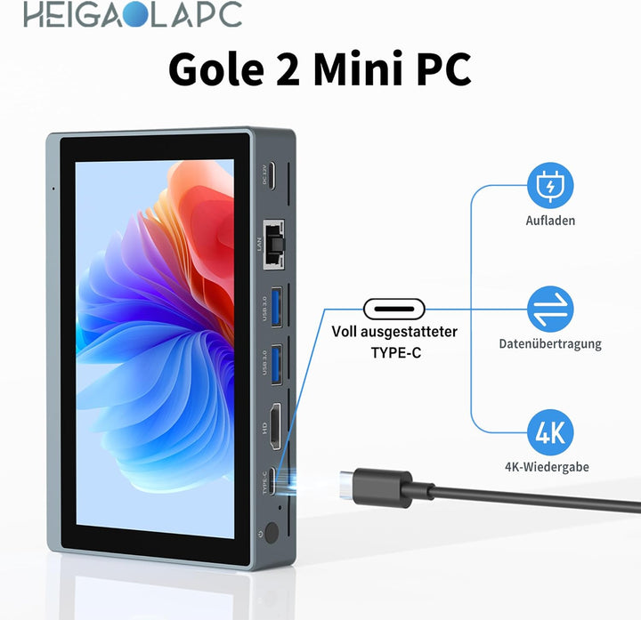 Mini PC mit 5,5 Zoll Touchscreen Display, Intel N5100 Quad-Core, 8GB RAM 128GB SSD, Win 11, Dual 4K
