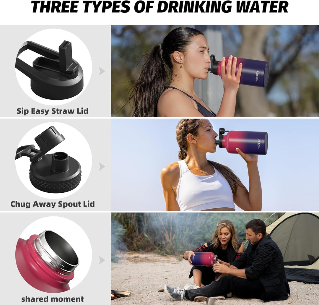 WATERSY Isolierte Edelstahl Trinkflasche 64oz Vakuumisolierte Thermosflasche mit 2 Deckel Auslaufsic