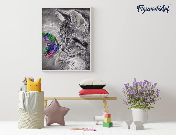 Figured'Art Diamond Painting Erwachsene 40x50cm Ganze Leinwand gerollt Katze und bunter Schmetterlin