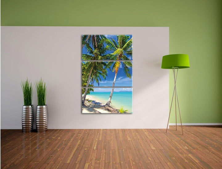 Pixxprint Palmen Traumstrand / 3-Teilig/Gesamtmass 120cm Leinwandbild bespannt auf Holzrahmen/Wandbi