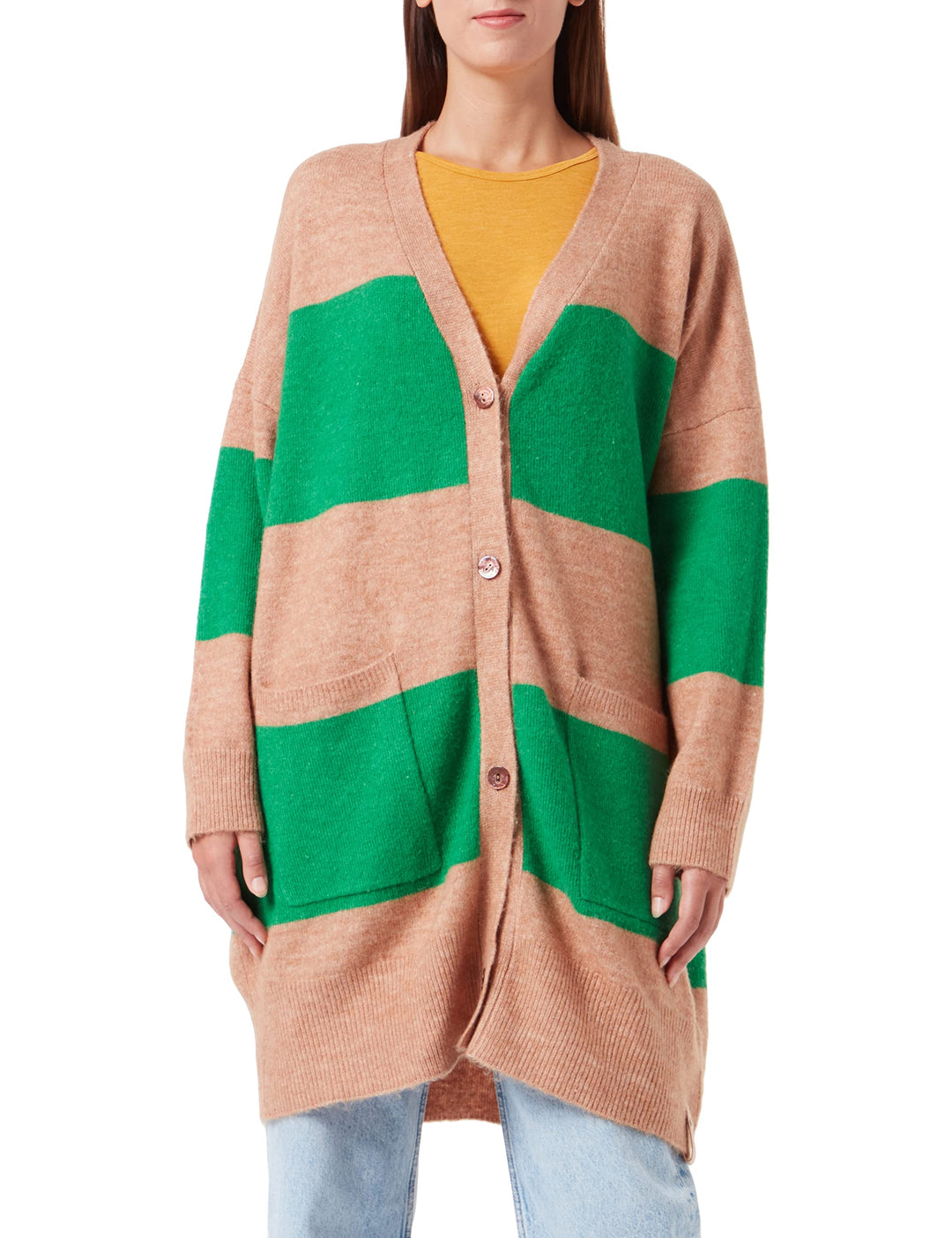 True Religion Damen Oversized Long Cardigan Strickjacke XL Beige/Gre..., XL Beige/Gre...