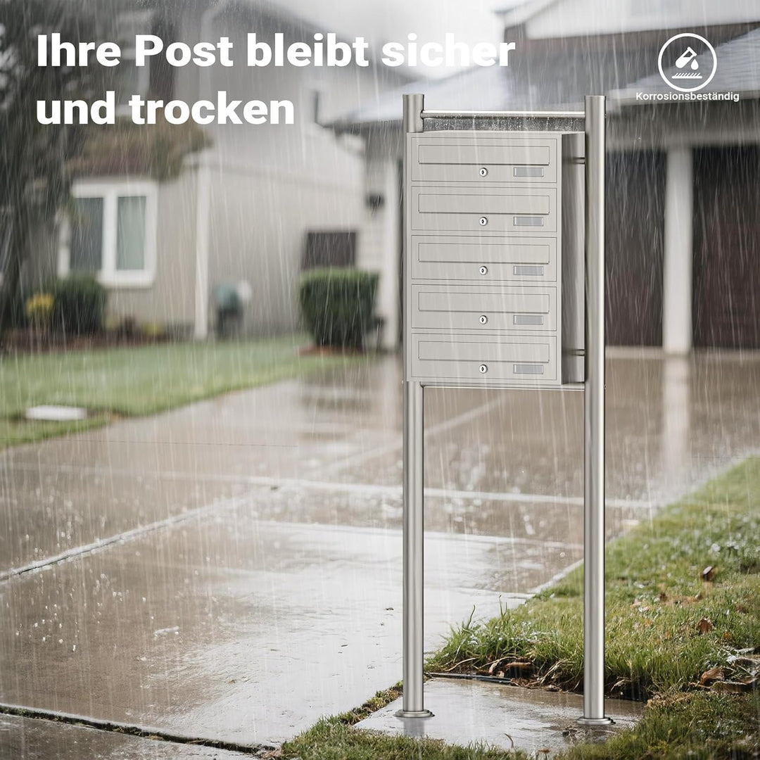 Wiltec 5er Briefkastenanlage Edelstahl 556 x 270 x 1500 mm, Standbriefkasten mit 5 Fächern, Schlüsse