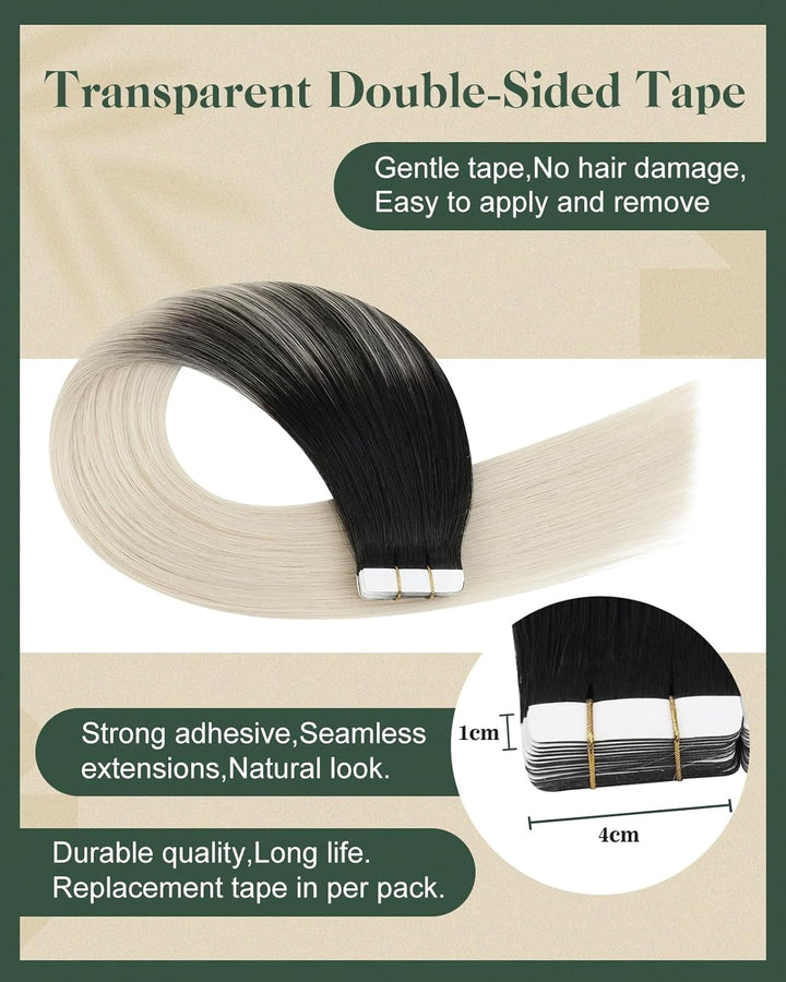 Ugeat Tape Extensions Echthaar Platinblond Ombre 40 cm Ombre Echthaar Extensions Tape Naturschwarz O
