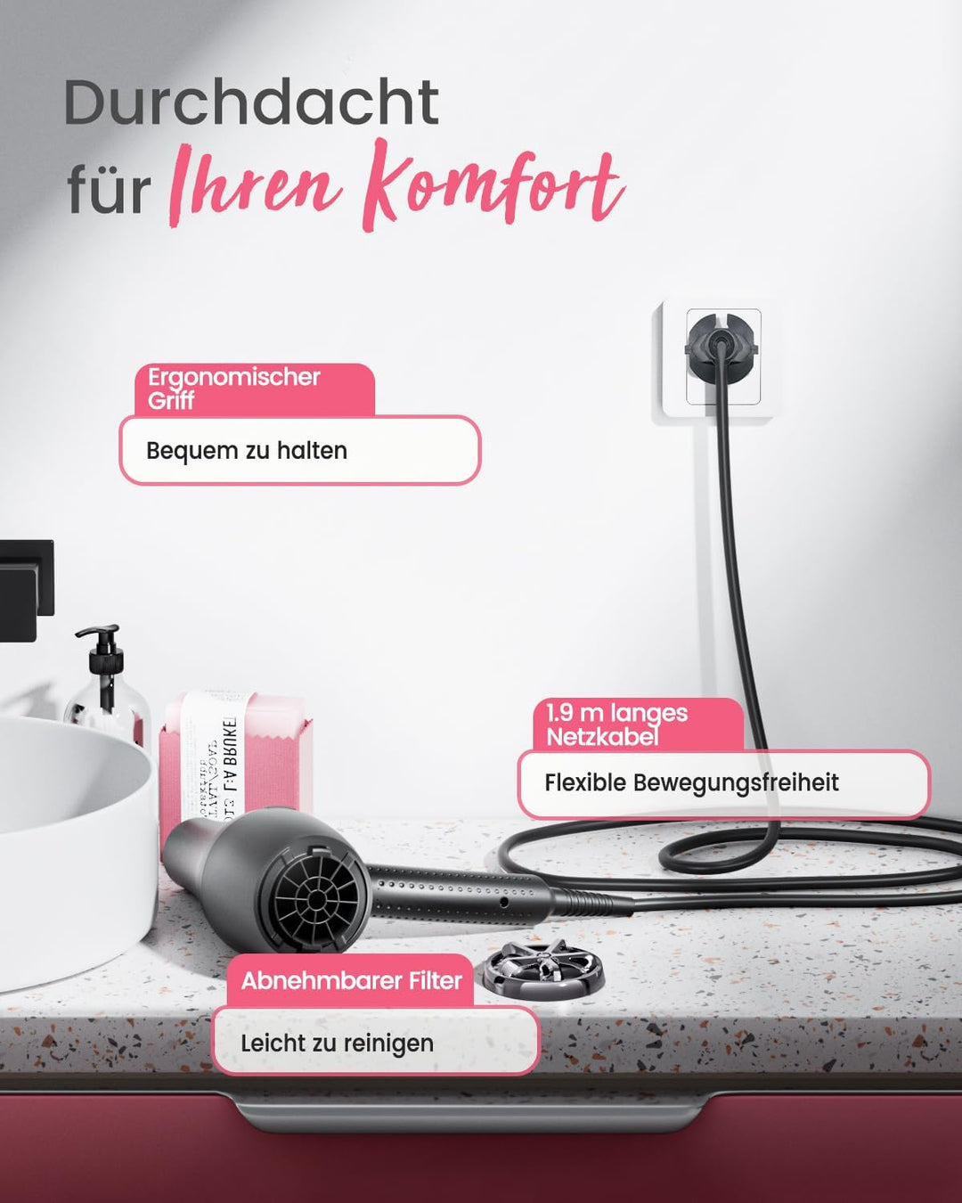 Dekuri Föhn Ionen, Profi Fön Haartrockner Hair Dryer Haarföhn mit 1 Diffusor 2 Stylingdüse, 3 Heiz u