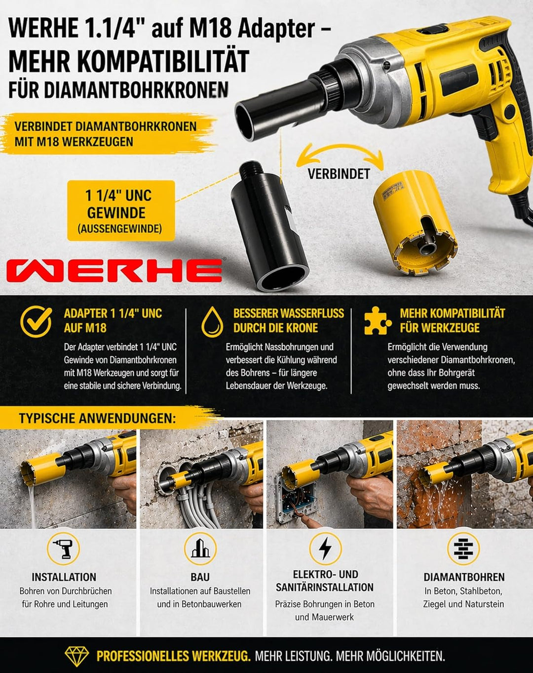 WERHE® Adapter 1 1/4" UNC auf M18 Muffe. Für Kernbohrgerät zu betonlochsägen, Kernbohrmaschine zu Do