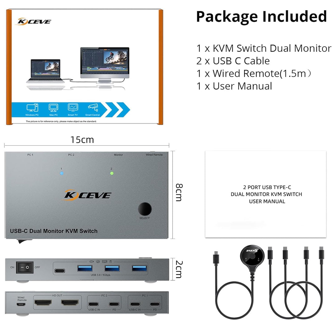 KVM Switch 2 PC 2 Monitore USB C, USB 3.0 KVM Switch Dual Monitor HDMI 4K@60Hz für 2 Laptops, MST, 8