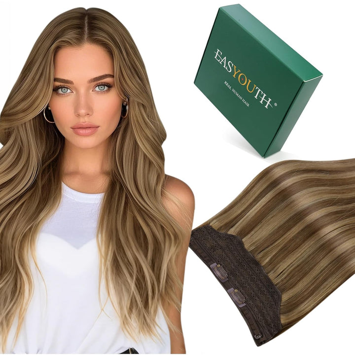 Easyouth Extensions Echthaar mit Draht Braun Haarteile Echthaar mit Draht Mittelbraun Mix Honig Blon