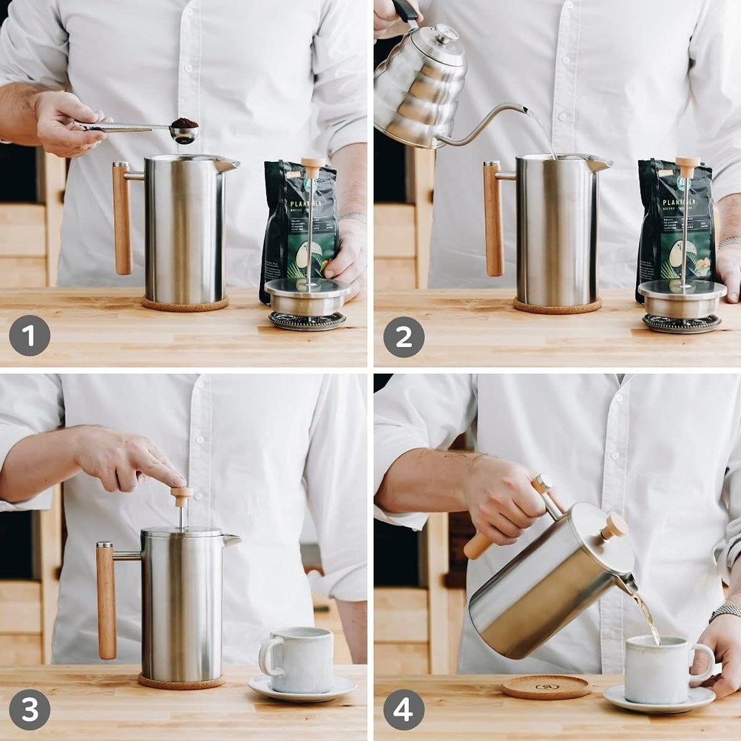 Buntfink French Press Thermo 1 Liter aus Edelstahl und Holz | Kaffeebereiter doppelwandig isoliert |
