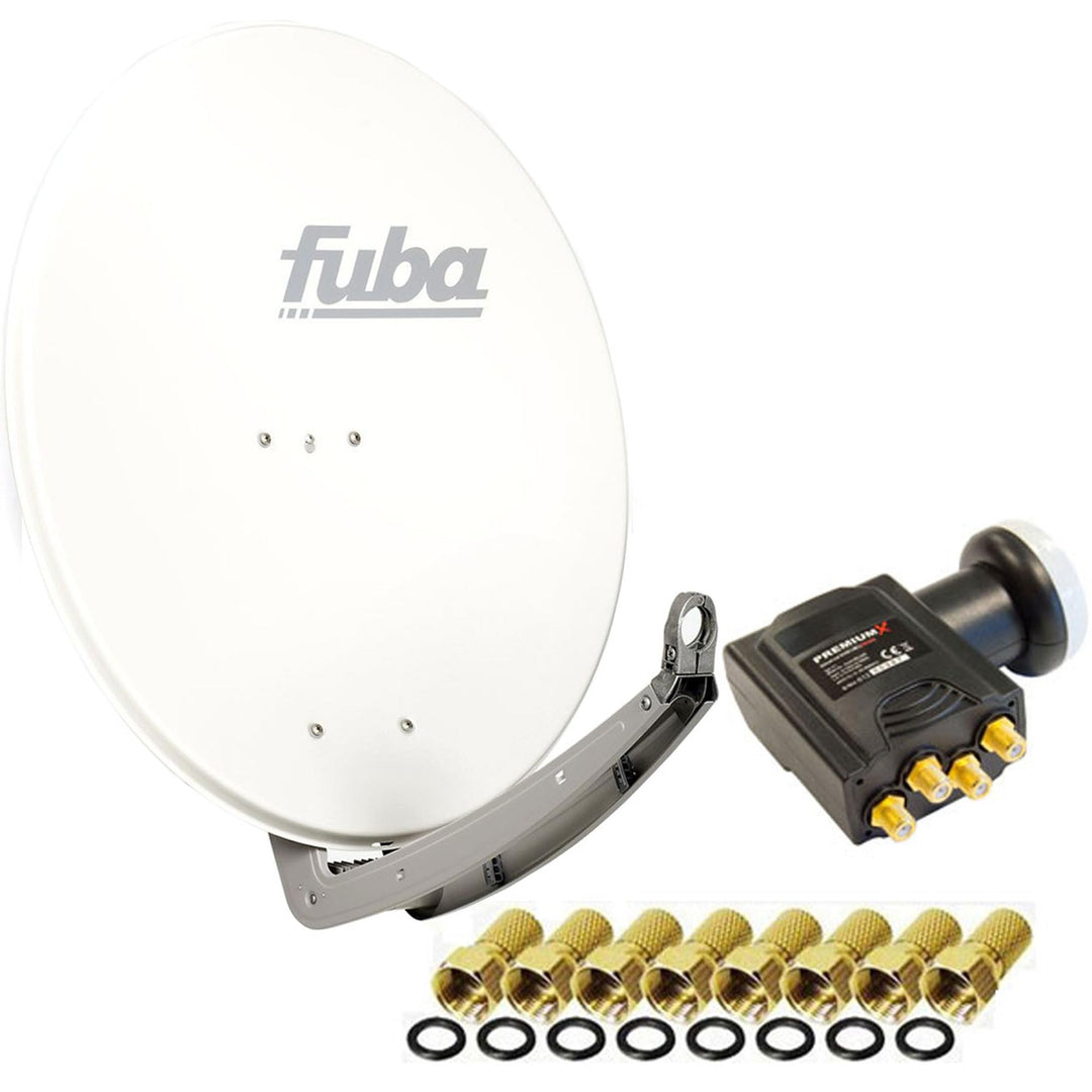 Fuba Antenne 74x84cm Alu Weiss DAA 780 W Premium X Deluxe Quad LNB 0,1 dB + 8X F-Stecker 78 cm + Qua