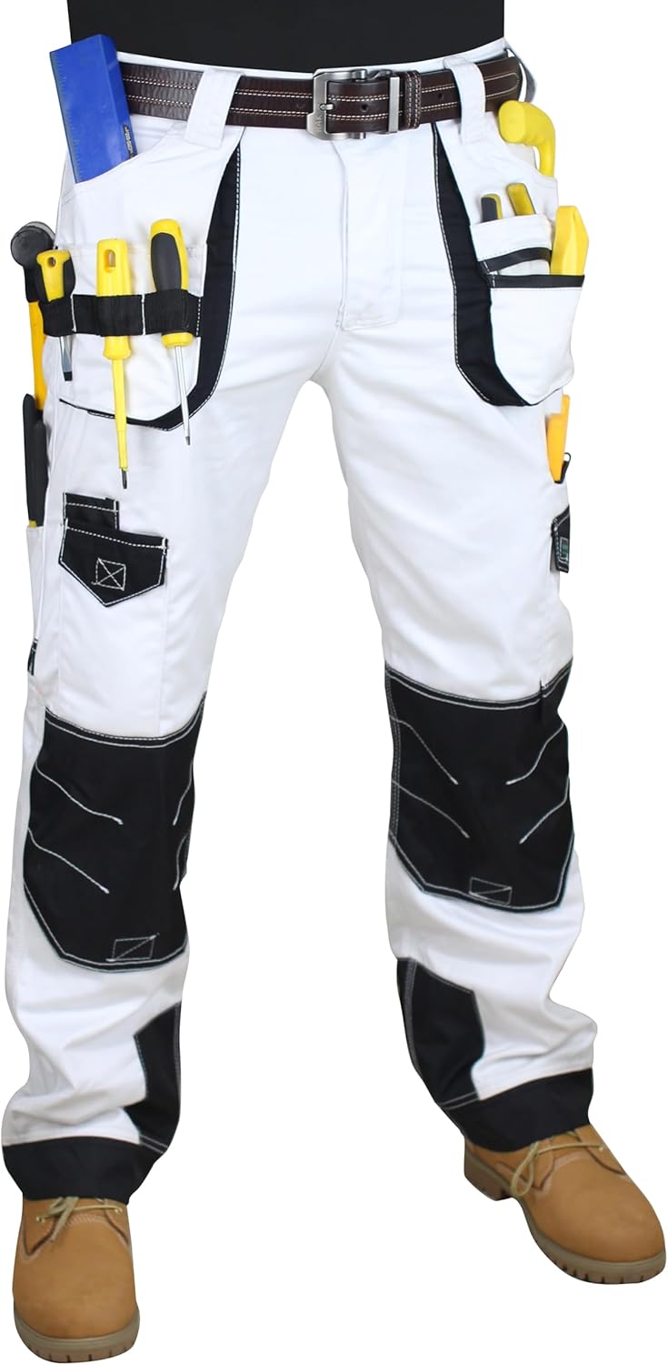 HASHOOB Herren Arbeitshose Maler Dekorateure Weisse Cargohose Pants Weiss-6 38W / 34L, Wei&#xDF;-6 3