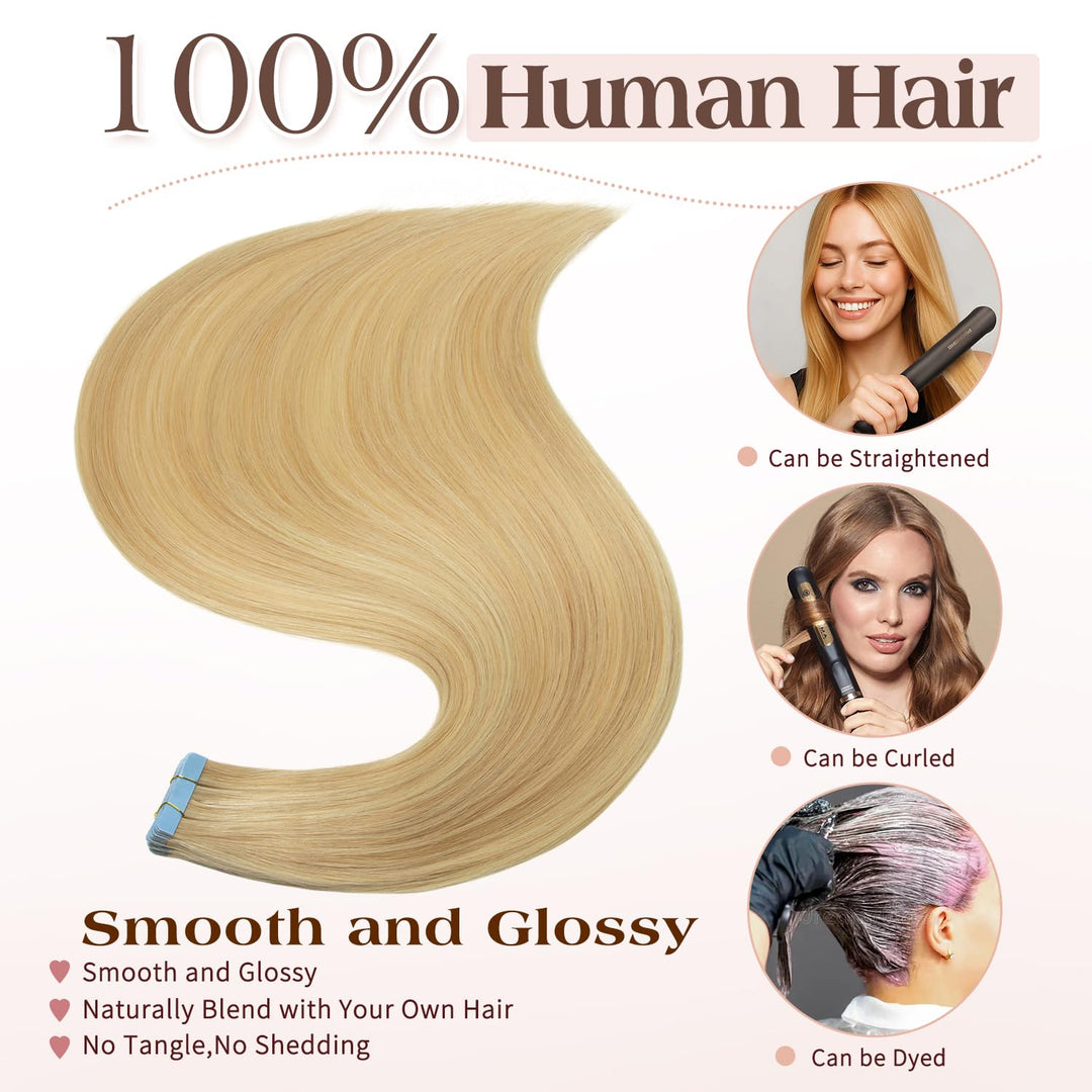 Tape In Extensions Echthaar 20pcs 50cm 50g Aschblond mit Bleichblond Invisible Tape Extensions Echth